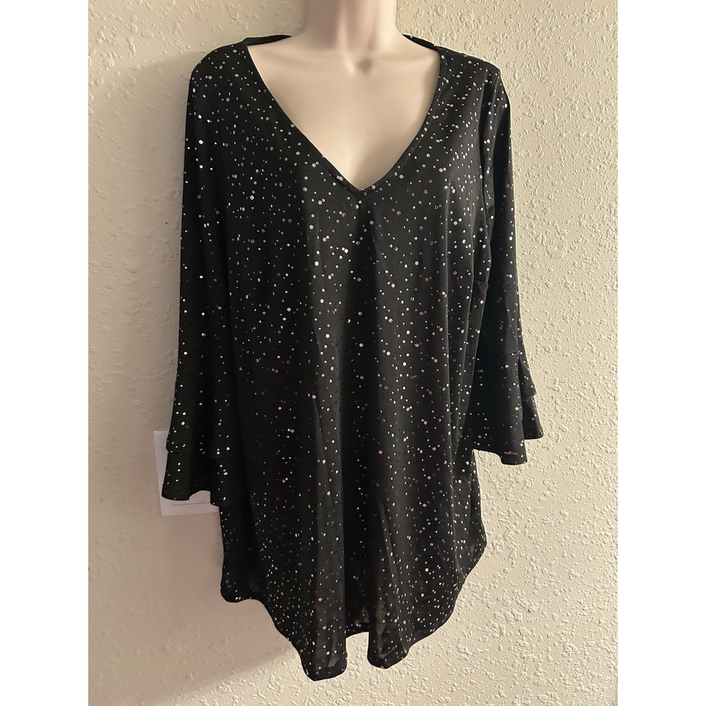 New 2X Black Evans Sparkle Flare Sleeve Top #61*10